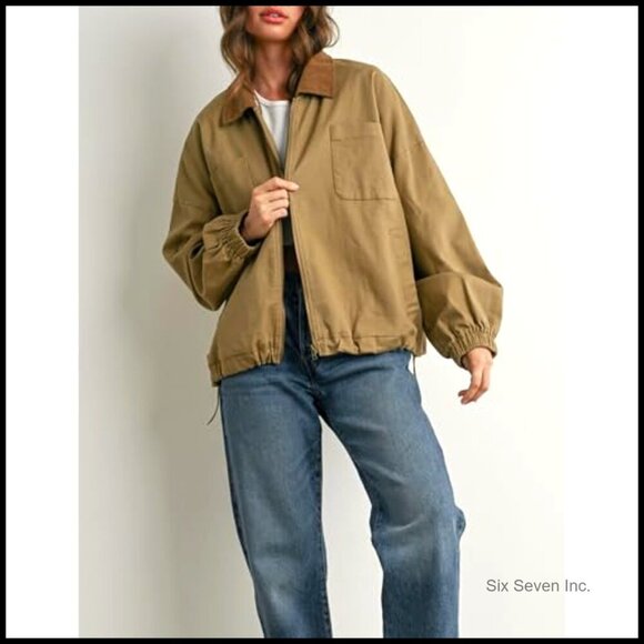 Corduroy Collar Utility Jacket Cinchable Hem Lightweight Workwear Chic Vintage - Picture 4 of 6